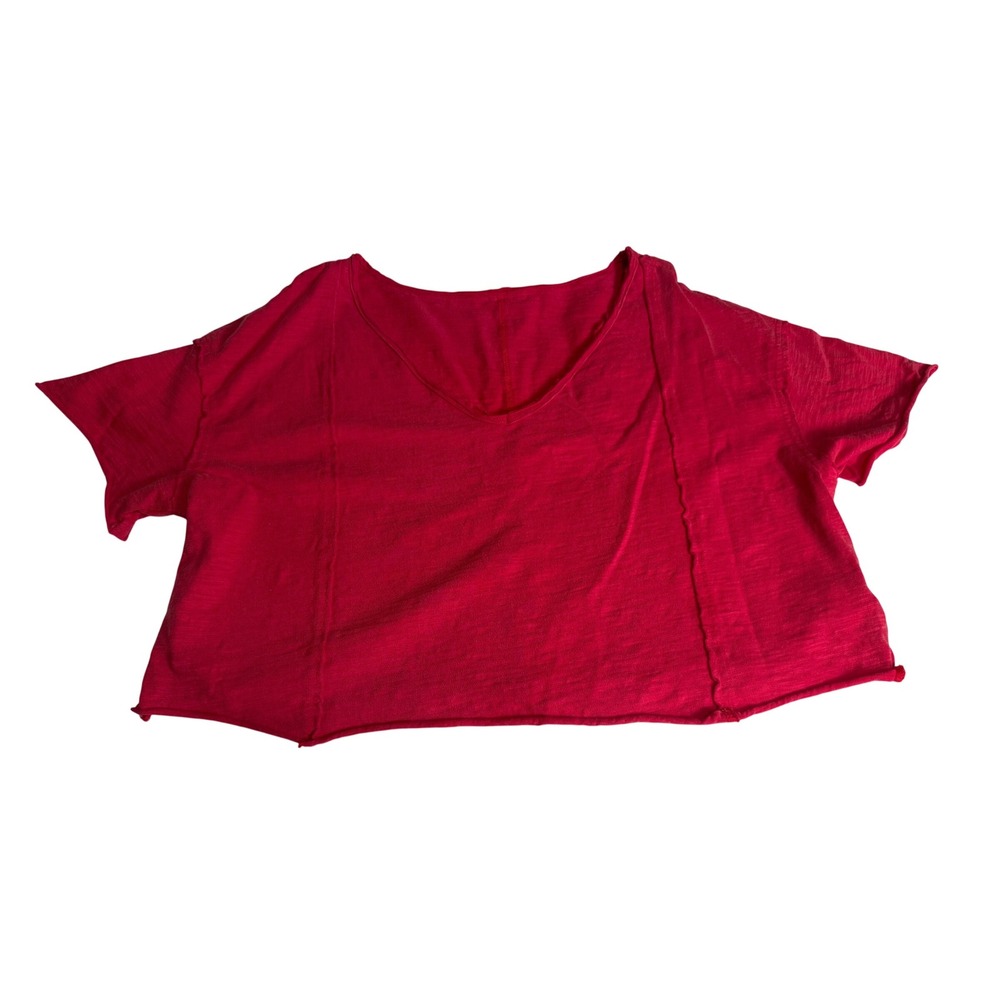 Red Crop Top V Neck Raw Hem Short Sleeve‎ Boxy Tee Medium